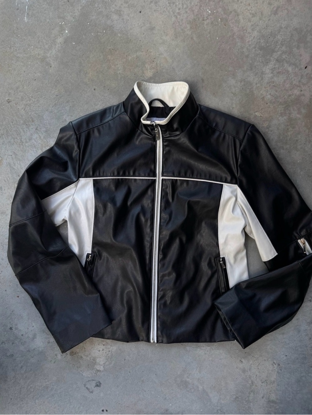 Women's Moto jacket Black and White Faux Leather Zip Jacket